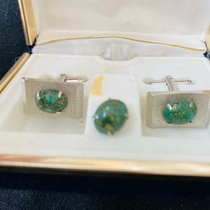 Mid century modern cufflinks and tie pin set in box